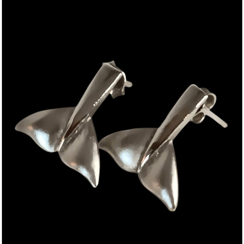 Vintage Sterling Silver Mermaid Tail Or Whale Tail Stud Pierced Earrings